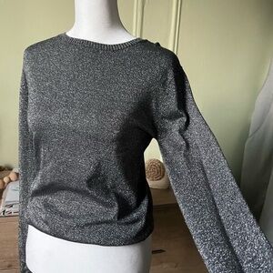 Metallic Silver Round Neck Lightweight Stretch Modest Layer Sweater Top Shirt S